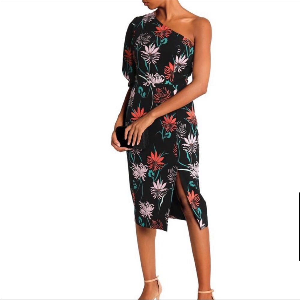 Black Halo One Shoulder Floral Midi Sheath Dress 6